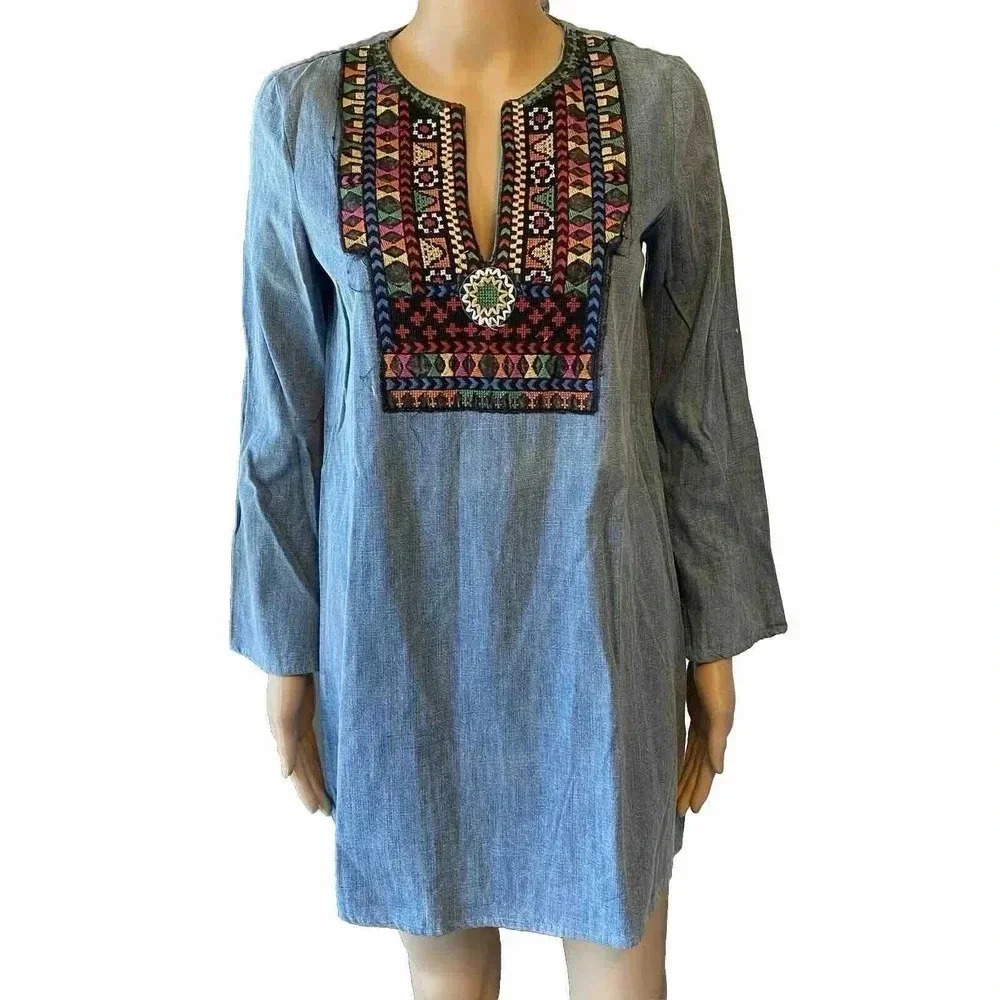 Zara Tunic Embroidery Midi Premium Denim Dress Women XS Blue Flare Sleeves